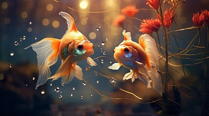 Wall Mural - A pair of goldfish swimming among aquatic decorations