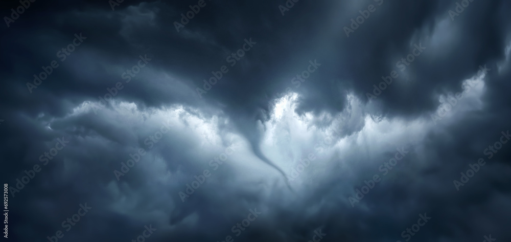 The typhoon is born, a tornado in a stormy dark sky with black clouds ...