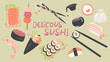 Vector set of Japanese cuisine sushi and rolls 14 illustrations. Soy sauce, salmon sashimi, shrimp, Philadelphia roll, flying fish caviar. Individual elements for an Asian food delivery restaurant