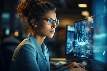 expert data coding coumputer ai data analysis cloud computing management control woman using server computer hud ui gui interface hologram futuristic engineeer working in workshop studio office