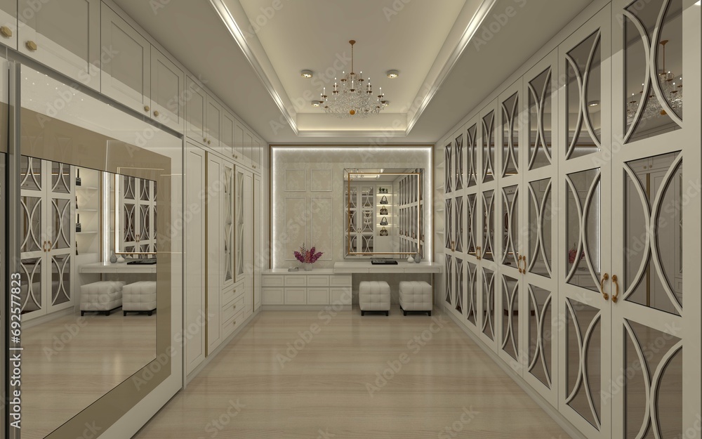Luxury Walk in Closet Design With Classic Wardrobe and Makeup Table ...