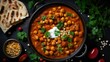 Chana masala overhead photo, Indian Punjabi Chickpea spicy curry dish