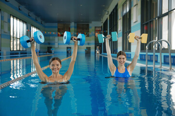 Wall Mural - Young smiling female friends doing aerobic workout in swimming pool