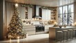 Bright and airy kitchen space with a tall christmas tree and view of snowy landscape outside