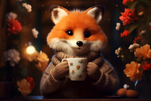 Portrait Of Adult Male Man Fox In Cozy Sweater Holding Mug Cup Of Tea Coffee Surrounded By Flowers. Fantasy Animals Concept. Fantasy Animals Concept