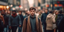 A Man Stands In The Middle Of A Crowd On A City Street Generative AI