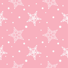 Wall Mural - Vector seamless snowflake pattern snow repeated background trendy color new year xmas pattern with snow pastel pink