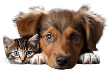 Wall Mural - Cat and dog peeking over a wall isolated on white background