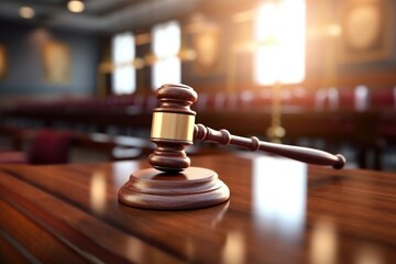 Wall Mural - judge's gavel on the table against the background of the courtroom, justice, trial