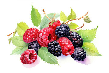 Wall Mural - Berries fresh food fruit green blackberry red background healthy leaf sweet ripe