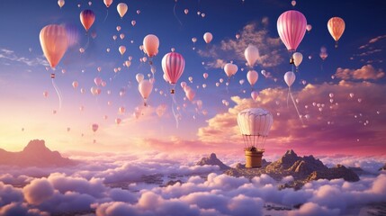 Wall Mural - Float on the clouds of happiness with the gentle sway of air balloons. Their graceful dance will  an enchanting atmosphere for your birthday festivities.