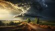 Visual of a tornado forming in a rural landscape, portraying extreme weather phenomena