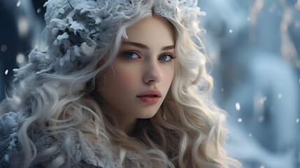 Wall Mural - Beautiful Snow queen in winter forest