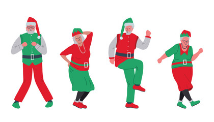 Wall Mural - Elderly people in Christmas costumes are dancing and having fun. Christmas party. Positive active seniors. Santa Clauses and elf women. Vector illustration