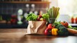 Fresh vegetables, fruits and grains in a crate, a reusable shopping bag sits on the counter in sunny kitchen. shopping, food, ecology, healthy lifestyle and domestic life