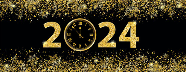clock 2024 golden sand particles snowflakes header