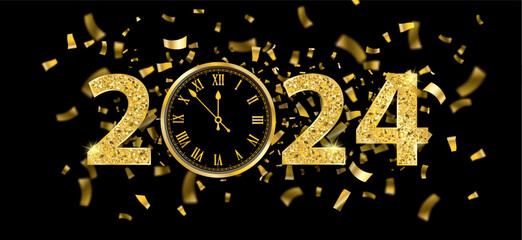Wall Mural - 2024 Centre Clock Golden Confetti Black Header