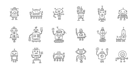 Funny robots characters. Childish style, icons collection for your design