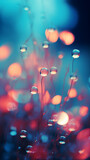 Fototapeta Przestrzenne - Abstract Bokeh Lights with Blurred Circles in Warm & Cool Tones - Close-Up of Water Droplets on Plant Life, Tranquil Blue-Red Background - Serene Natural Artwork