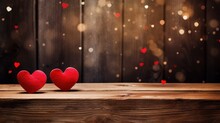 Two Red Hearts On Wooden Table Against Glittery Background. Valentine's Day And Love.