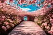 The soft pink hues of the flower tunnel against a vibrant blue sky, a perfect backdrop for a romantic stroll.