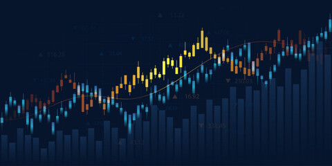 Wall Mural - business financial graph with uptrend line and bar chart of stock market on blue color background