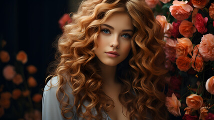 Wall Mural - Beautiful young woman with long curly hair.