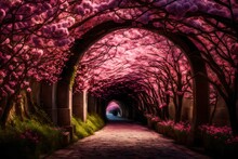 A Close-up Of Pink Blossoms In The Enchanting Tunnel, Their Vibrant Colors And Textures Captured In Exquisite Detail.
