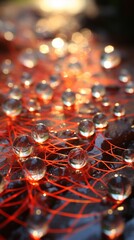 Wall Mural - A close-up of dew-covered spiderwebs glistening in the soft morning light