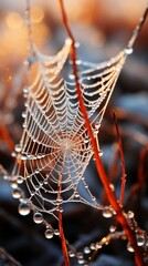 Wall Mural - A close-up of dew-covered spiderwebs glistening in the soft morning light