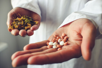 Herbs and synthetic medicine in doctor's hands