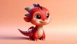 Cute red baby dragon. Small Cartoon dragon character. Funny Fantasy monster with big eyes. Fairy-tale hero. Children book. Illustration of tales. Toy design. Print. Copy space. Isolated on orange