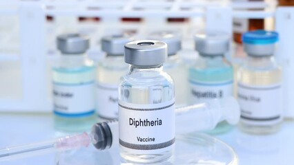 Poster - Diphtheria vaccine in a vial, immunization and treatment of infection, scientific experiment