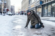 A Man Fell On The Ice. City The Hazard Of Slipping On An Icy Sidewalk