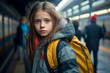 a confused and frightened teenage girl who ran away from home is standing at the railway station