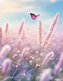 Fototapeta Lawenda - Butterfly in Sea of Flowers, Spring Wallpaper or Background - Space for Copy