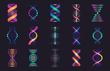 Poster - Dna spirals collection. Biotechnology and genetic research models. DNA helix and chromosome structure. Pharmaceutical model of molecule vector set