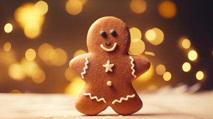 Wall Mural - Gingerbread man cookie on the blurred Christmas lights background. Warm bokeh lights. New Year and winter holidays background. Winter coffee time.