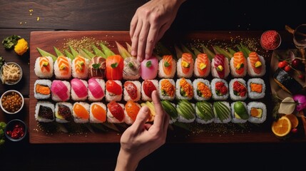 Wall Mural - illustration of hands carefully arranging a colorful plate of sushi generative ai