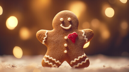 Wall Mural - Gingerbread man cookie on the blurred Christmas lights background. Warm bokeh lights. New Year and winter holidays background. Winter coffee time.