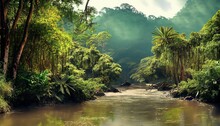 Tropical Jungle With River And Mountains Suitable As Background Or Banner