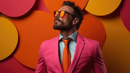 Portrait of attractive male in colorful bright lights posing in studio, Portrait of Handsome man with dressing trendy on colorful background.