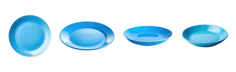 Plate set - blue plate collection - empty clean plate - various perspectives and angles - isolated transparent PNG background - blue dish