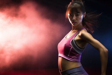 Canvas Print - Beautiful young Asian fitness aerobics girl in dark gym room with copy space on pink stage smoke