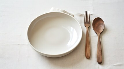 Wall Mural - a white plate with a fork and spoon next to a napkin and a spoon rest on a white surface with a beige cloth and a pair of wooden utensils