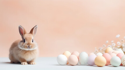 Wall Mural - Cute Easter bunny with eggs on peach fuzz color background