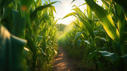 Poster - Green cornfield with the sun peeking through the leaves