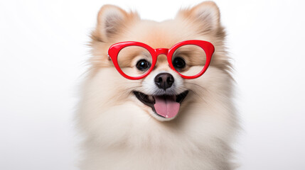 Sticker - ?lose-up of a happy dog , wearing bright red glasses, smiling with its tongue out in a cheerful and playful manner.