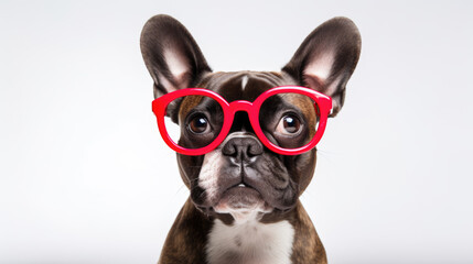 Canvas Print - ?lose-up of a happy dog , wearing bright red glasses, smiling with its tongue out in a cheerful and playful manner.