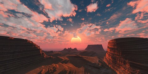 Poster - Beautiful landscape with rocks, canyons at sunset, 3D rendering